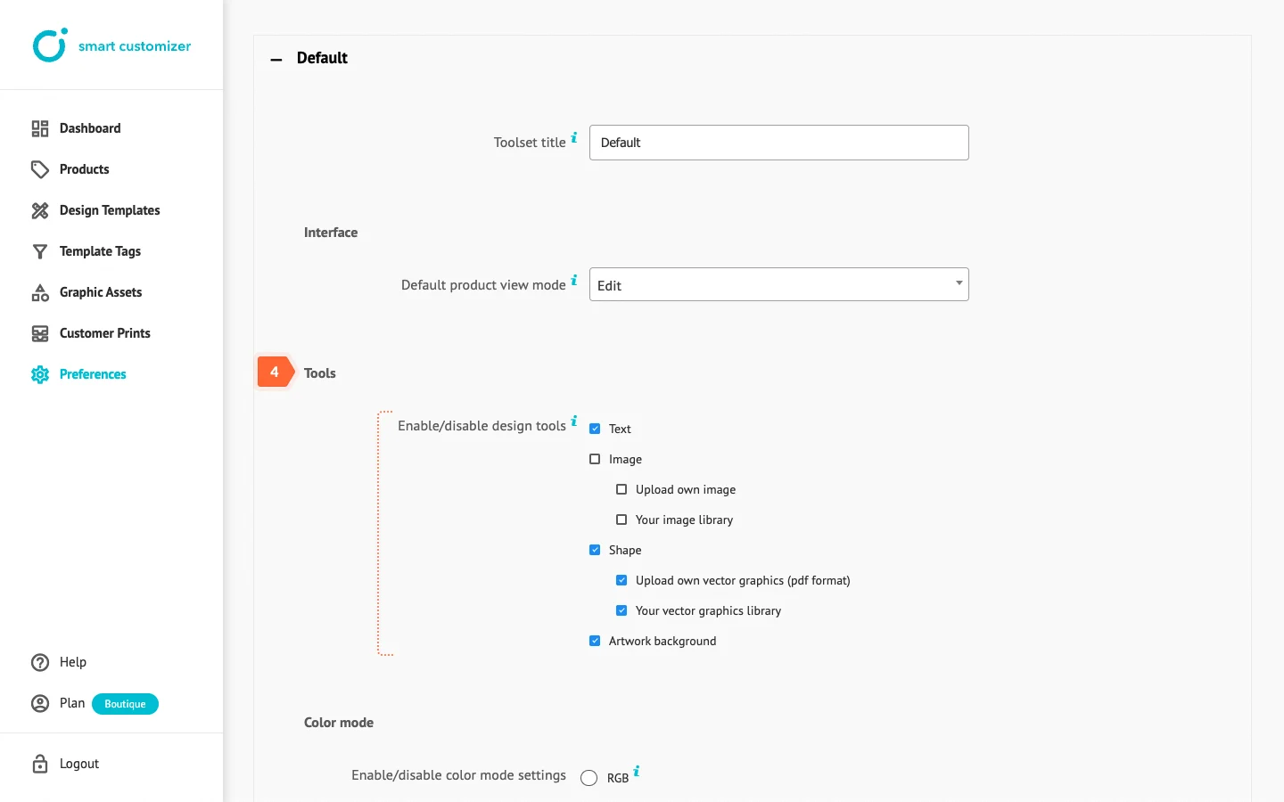 Choosing custom tool options