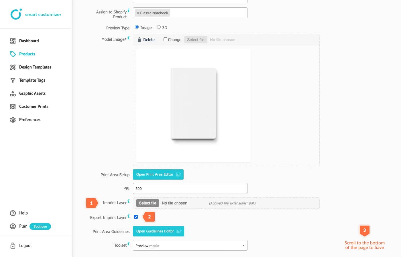 Imprint layer import in customizer