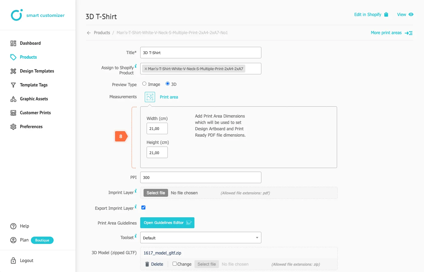 The setup of 3D product print in customizer