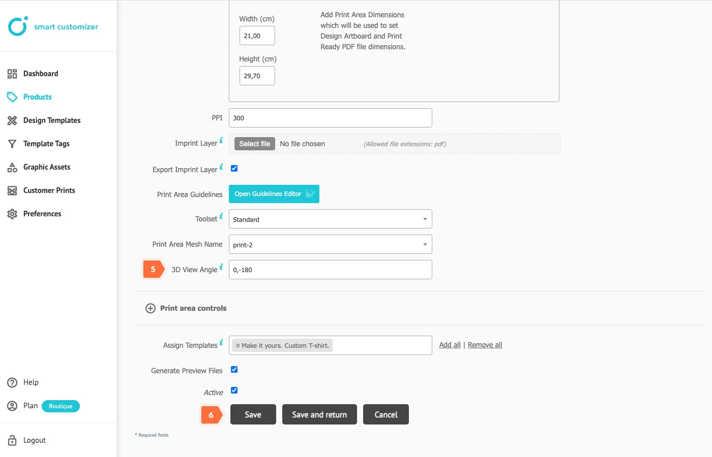 Multiple print area setup in customizer