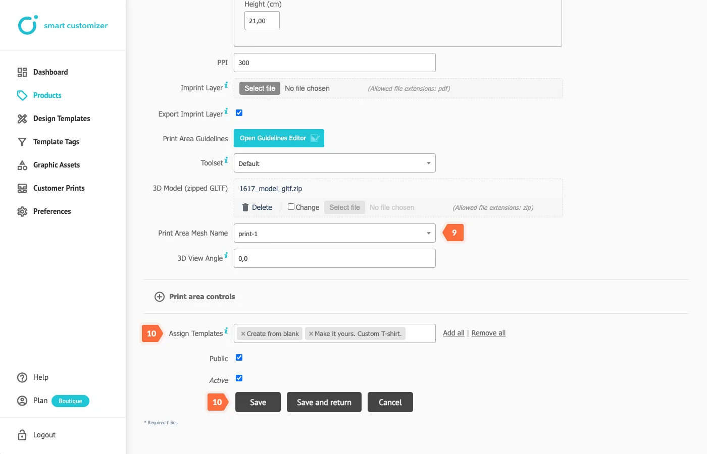 Design templates for product customization setup