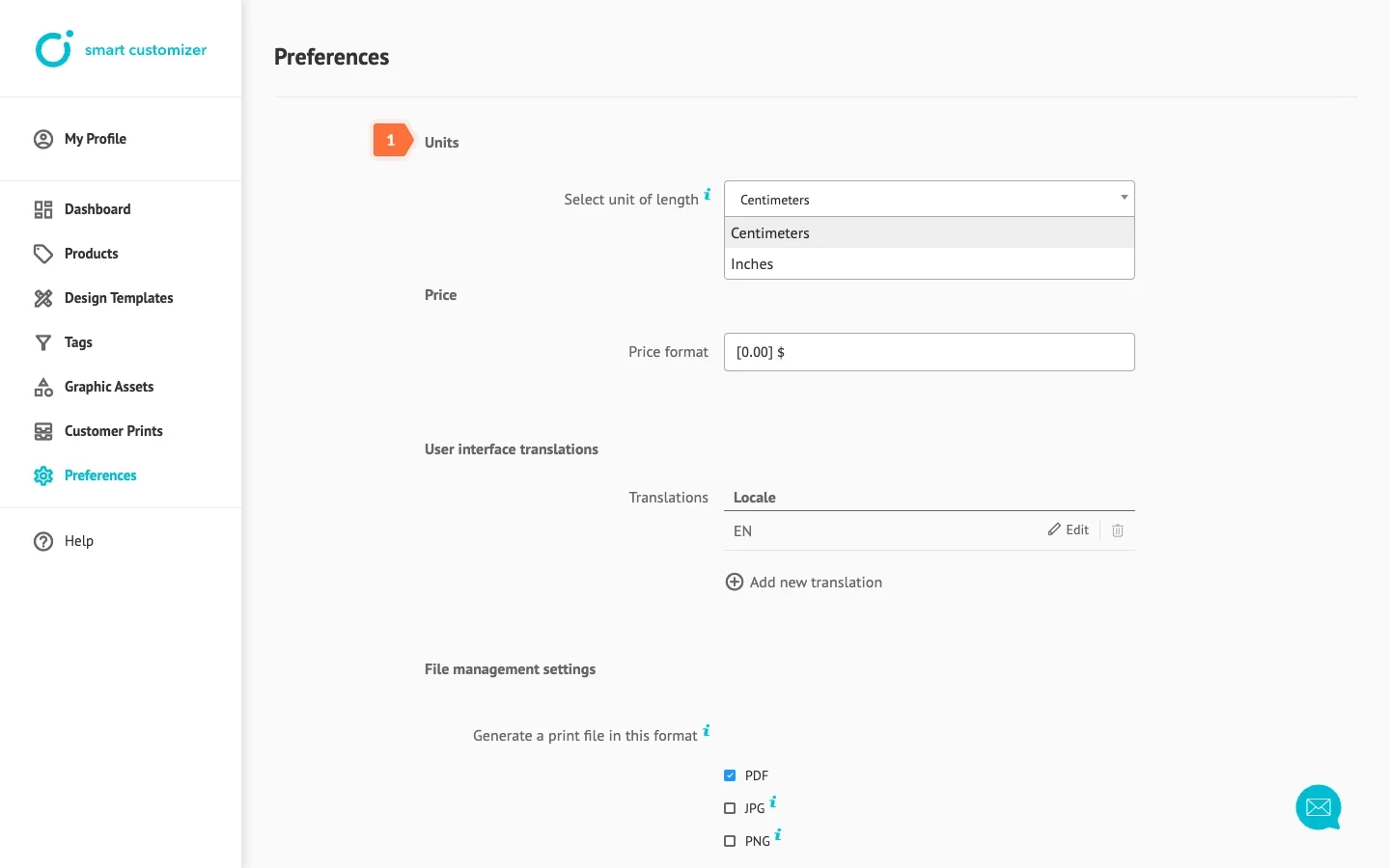 Changing default preferences of unit system