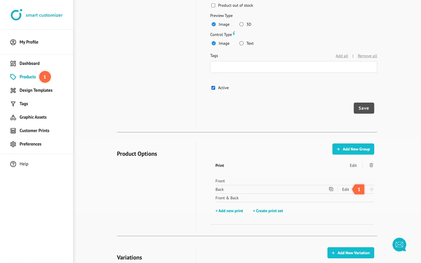 Imprint layer in product print options settings