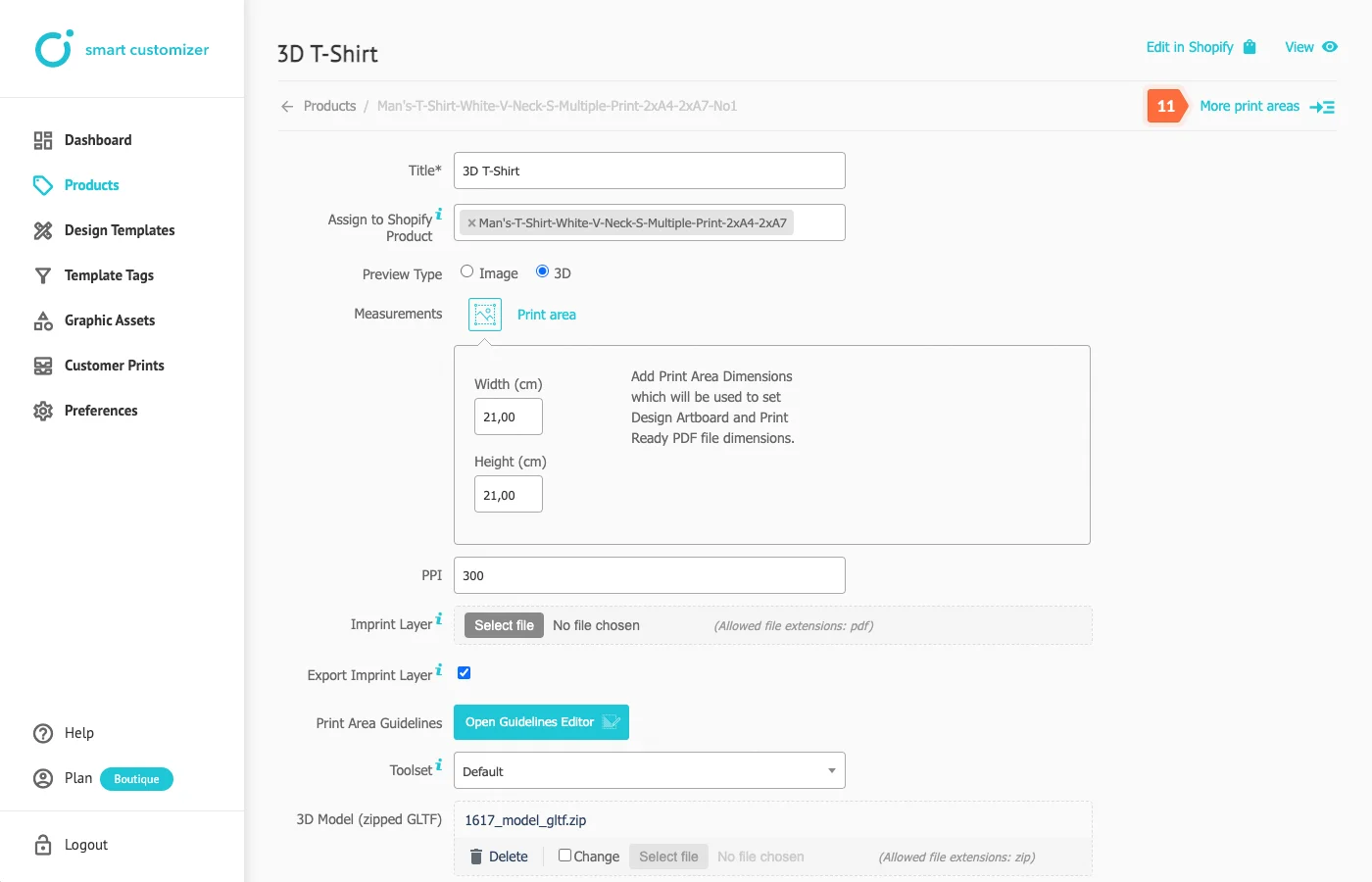 Customizer product print areas