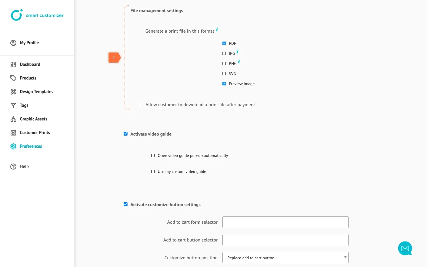 Changing output file setting in Smart Customizer