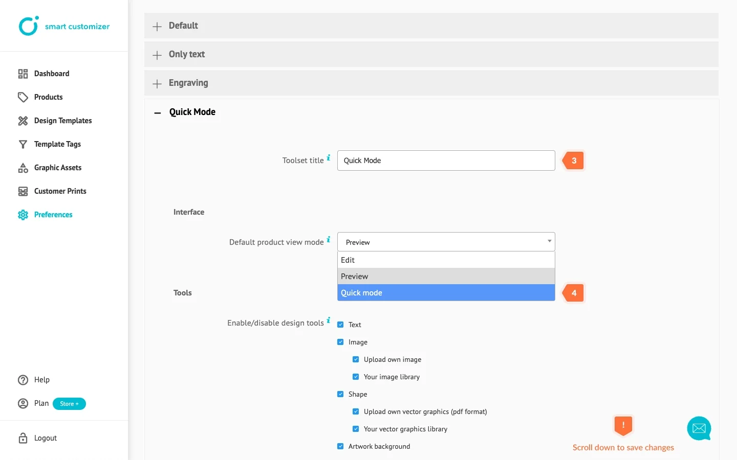 Editing toolset and selecting interface mode