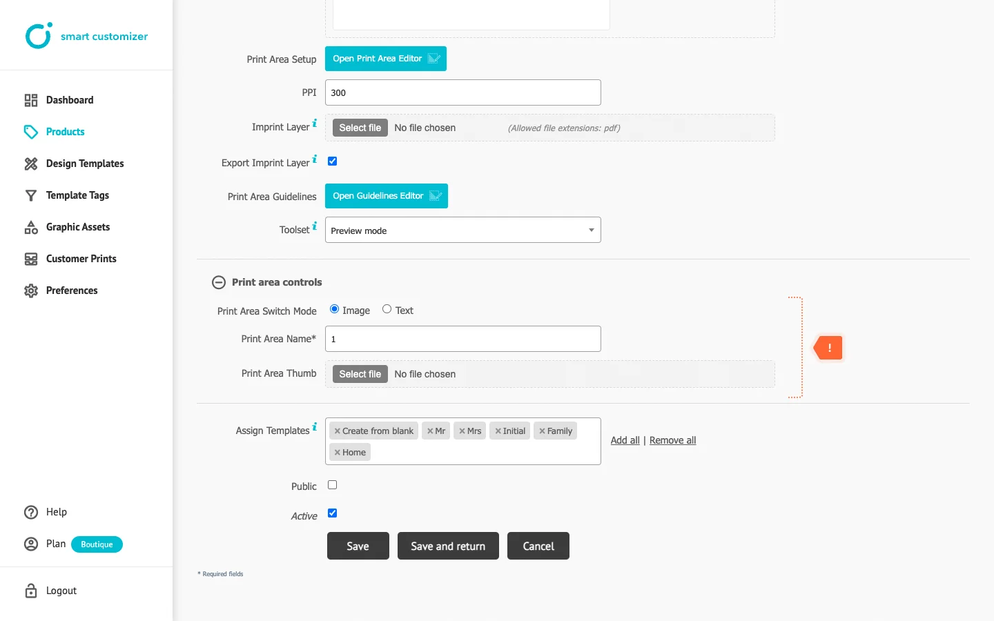 Print area controls advanced