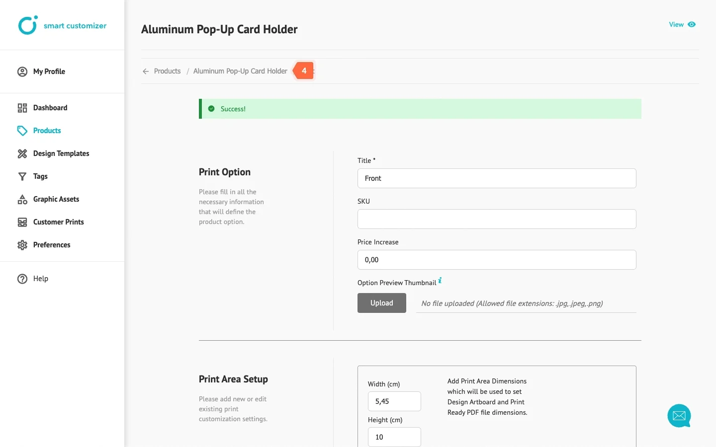 Product editing page in Smart Customizer app