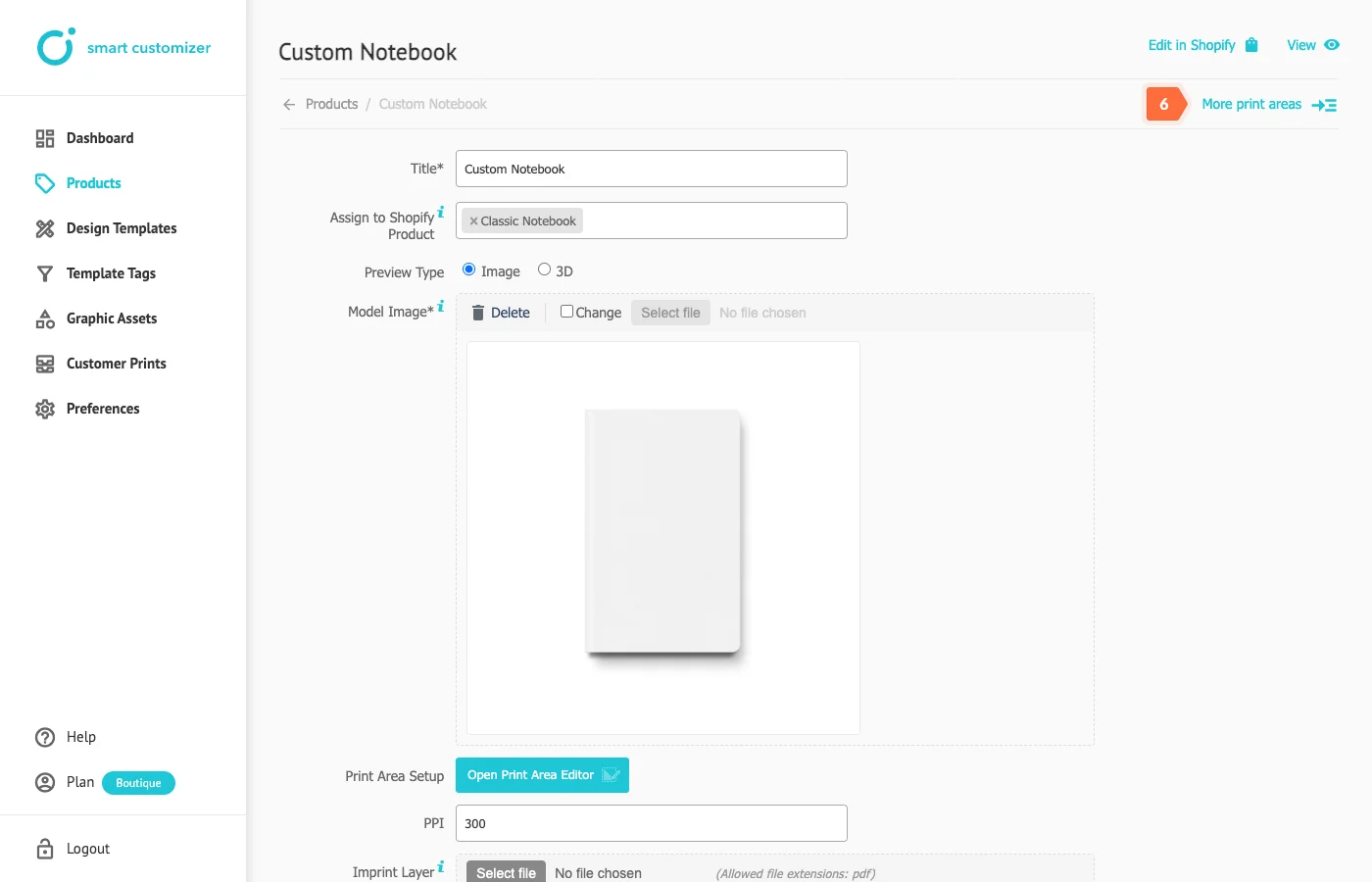 Customizer page for additional print areas