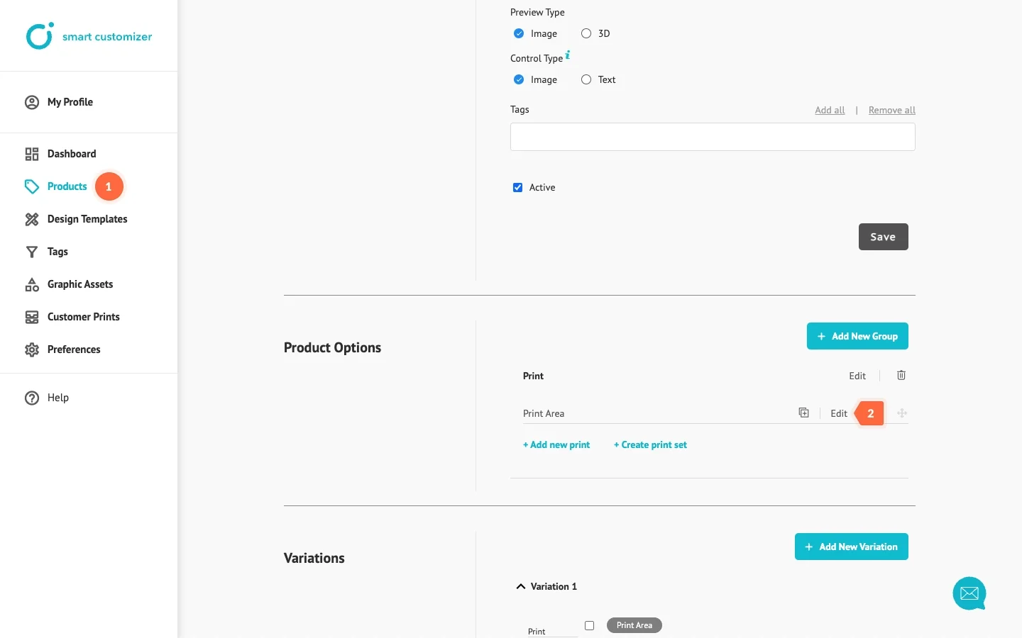 Customizable product setup window in customizer app