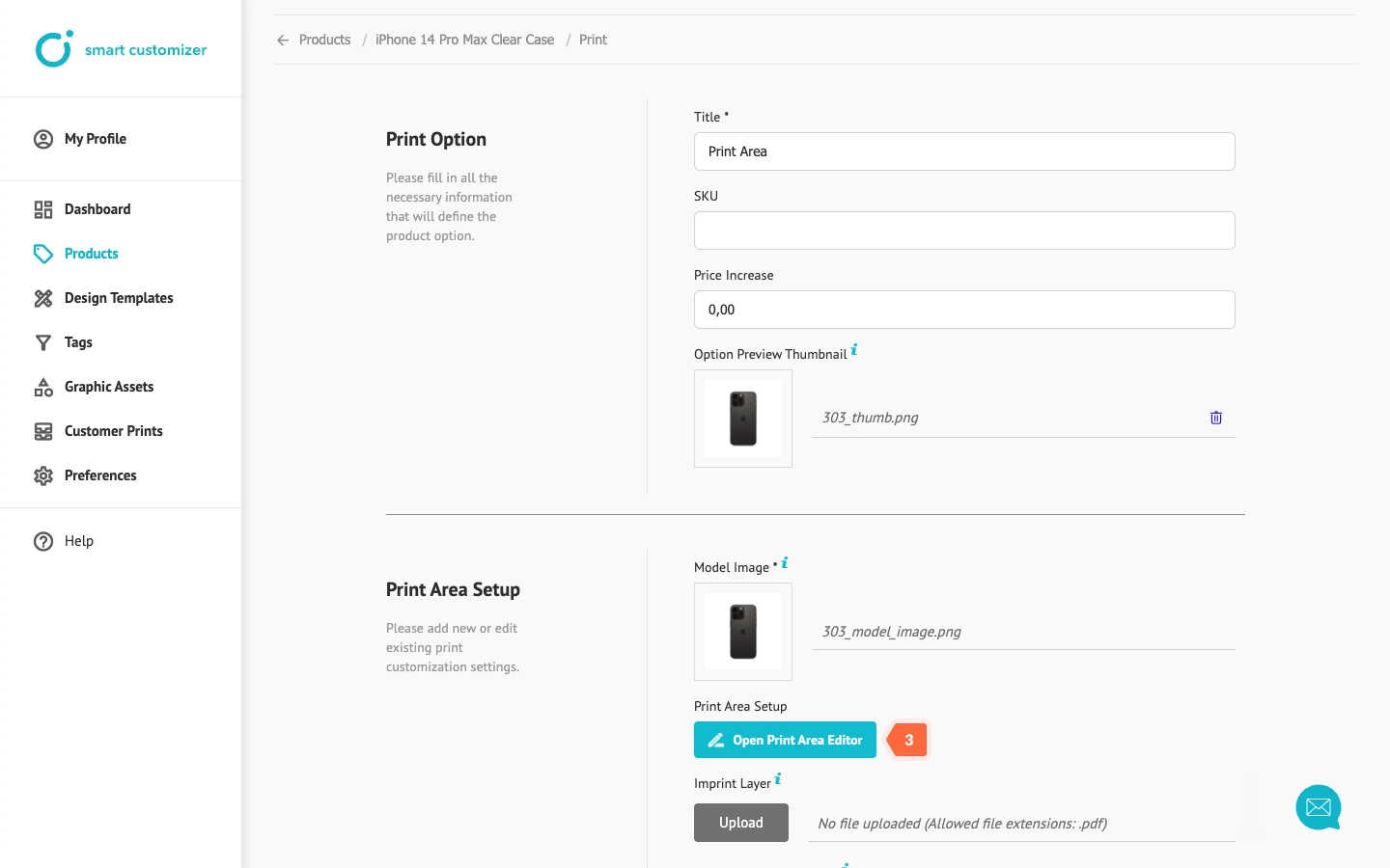 Open print area editor for mask layer upload