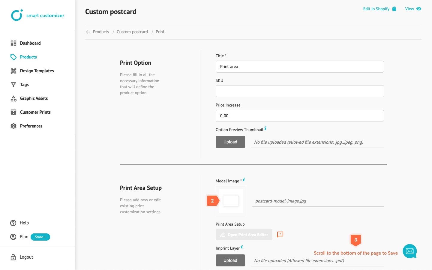 Edit print area options