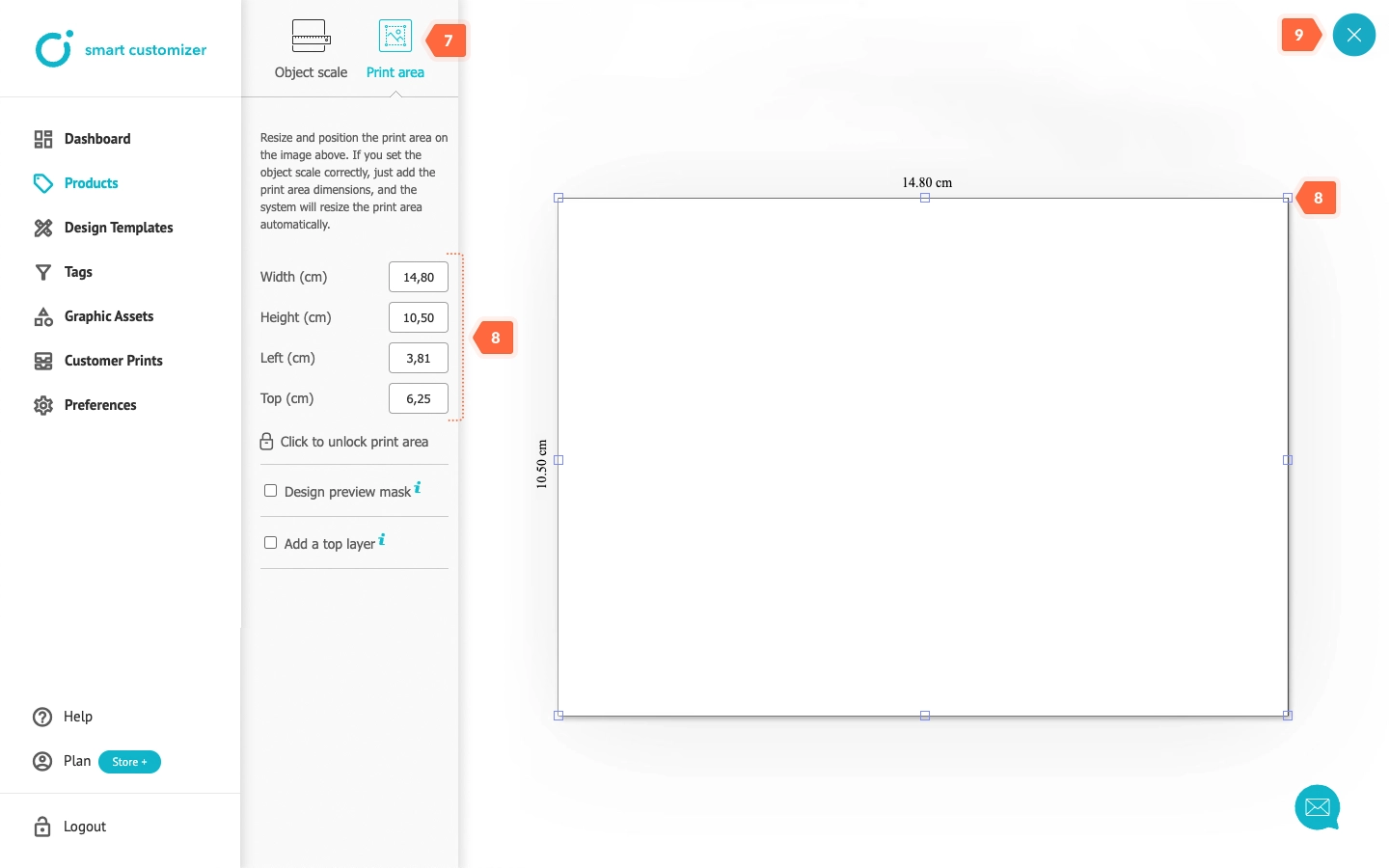 Setting print area size and placement