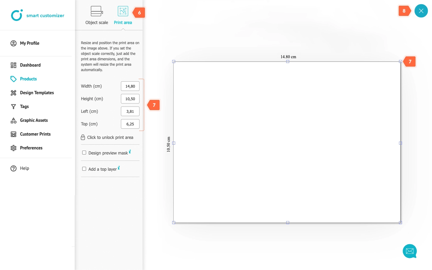 Setting print area size and placement