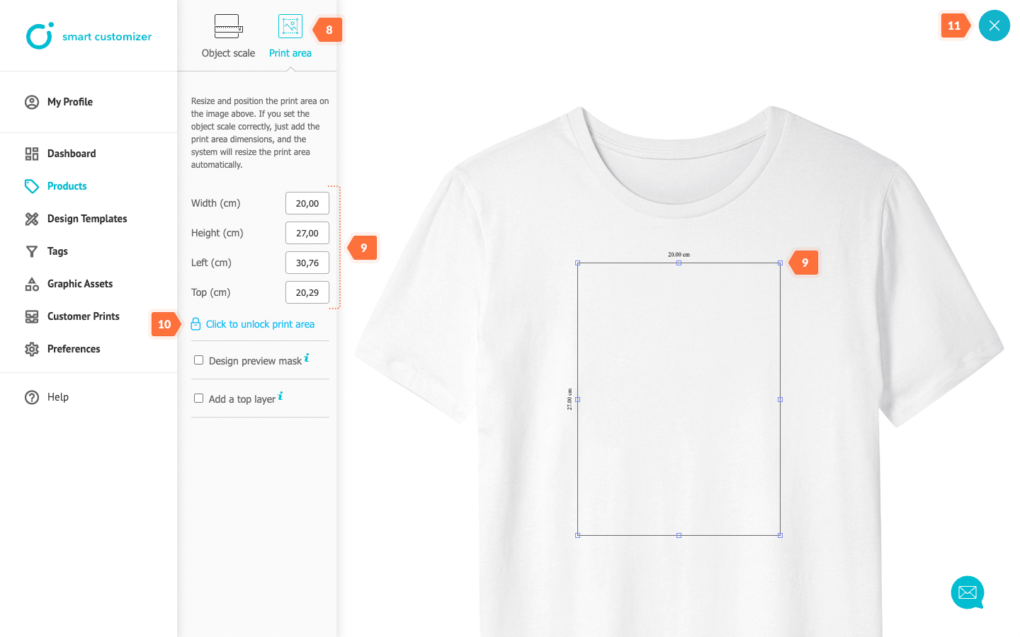 Setting print area size and placement