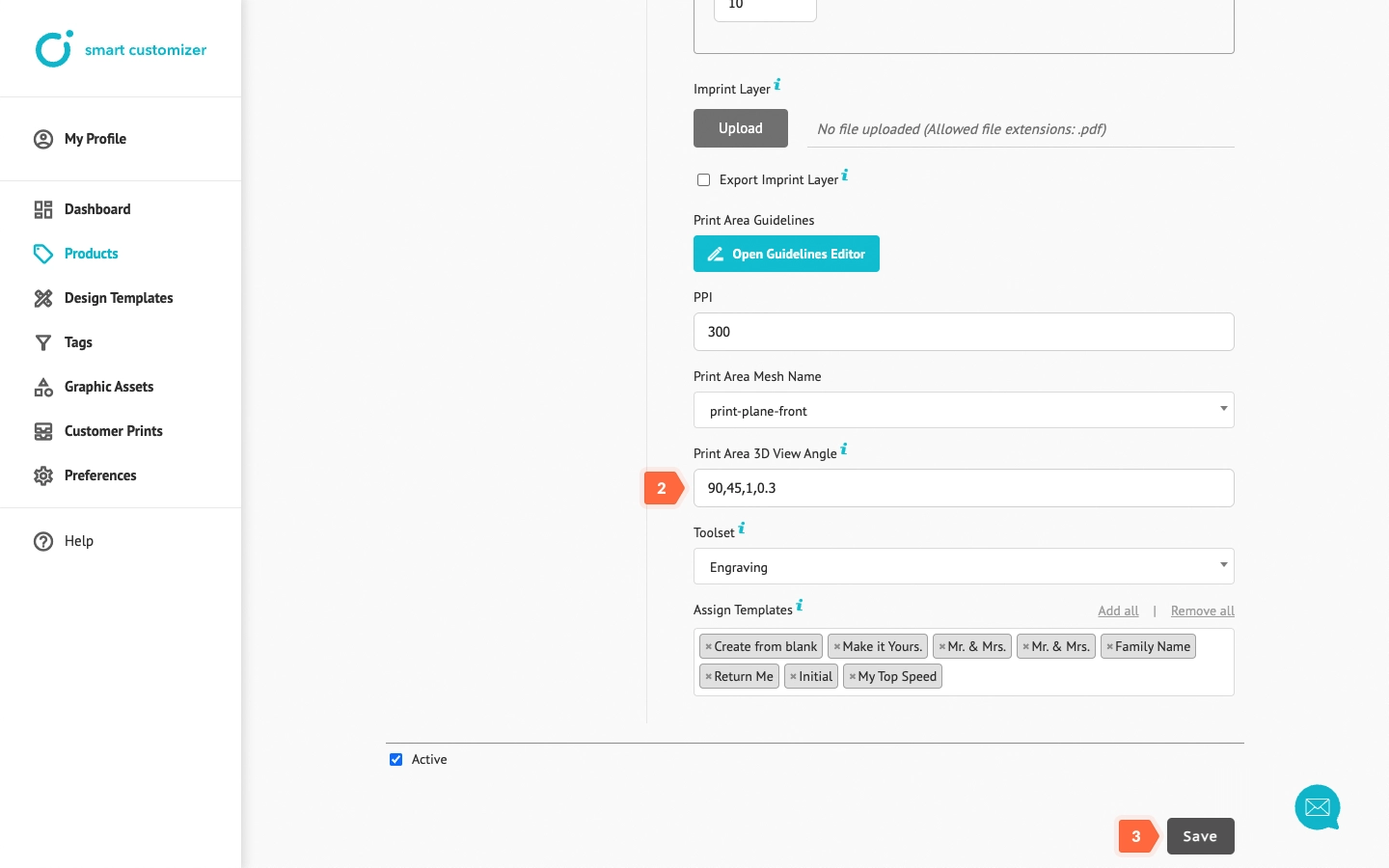 Setting up print area view angle settings