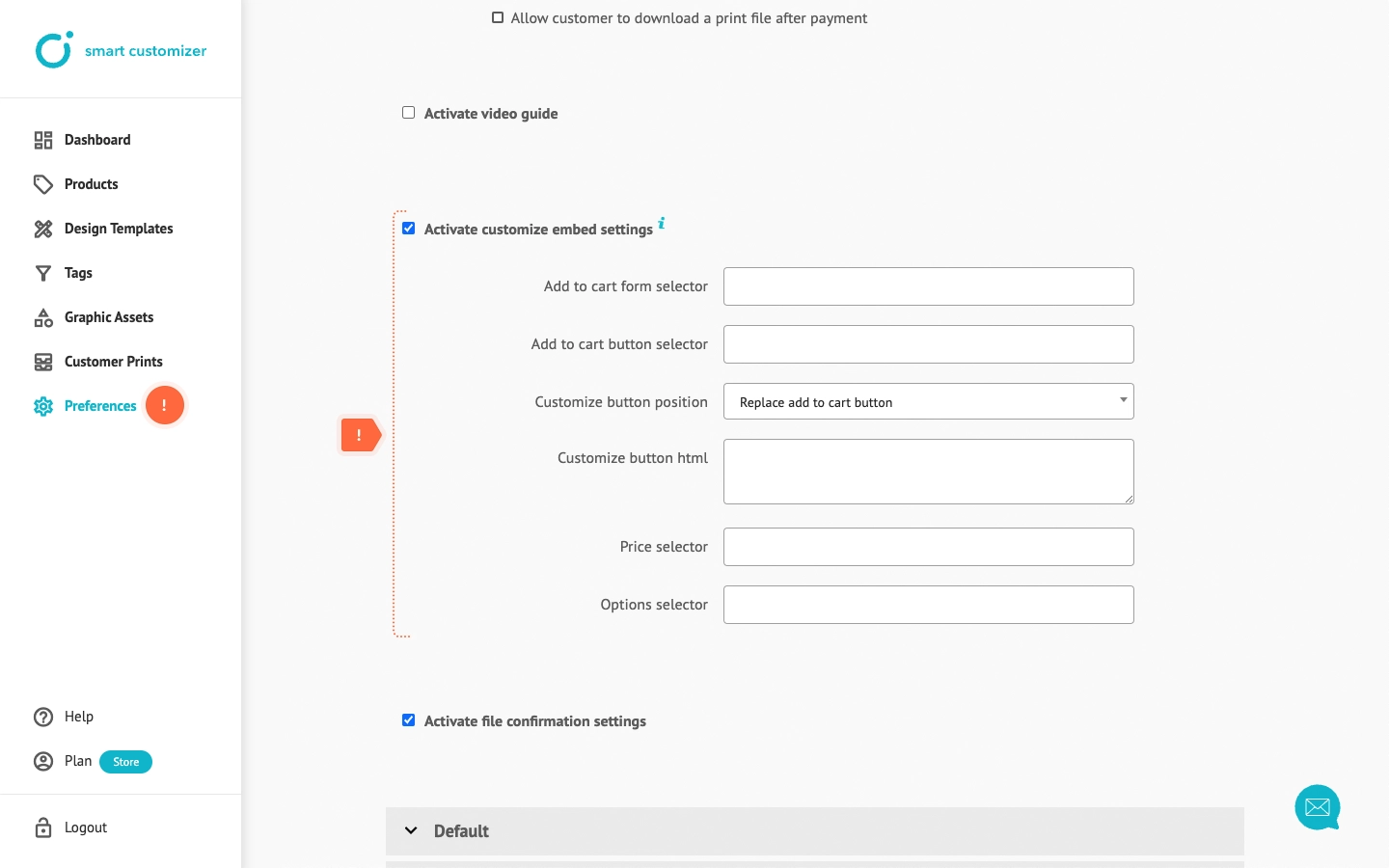 Embed settings in Smart Customer admin preferences