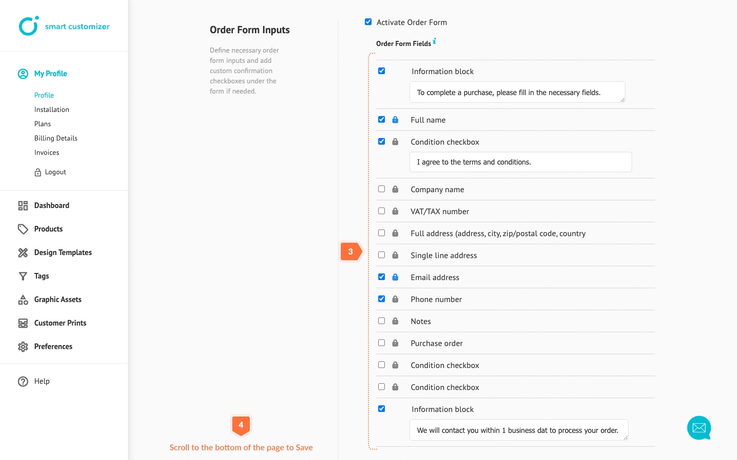 Choose all necessary order form fields