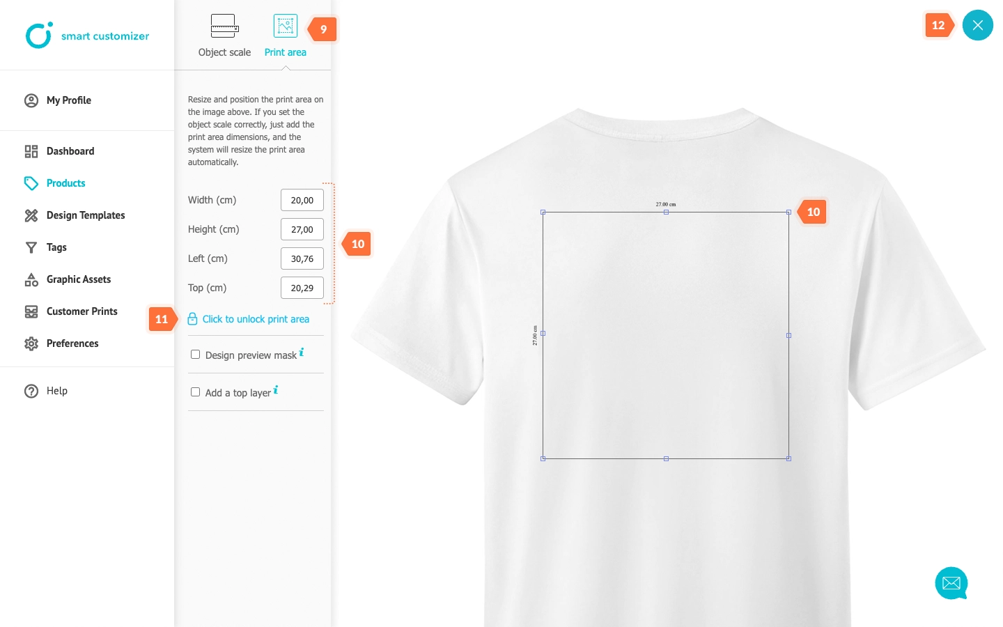 Setting print area size and placement