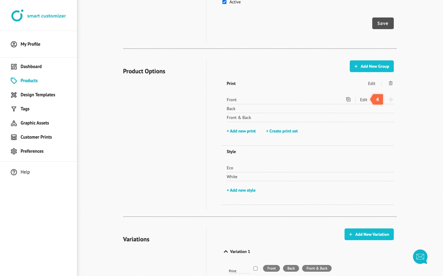 Editing Print Area Option settings