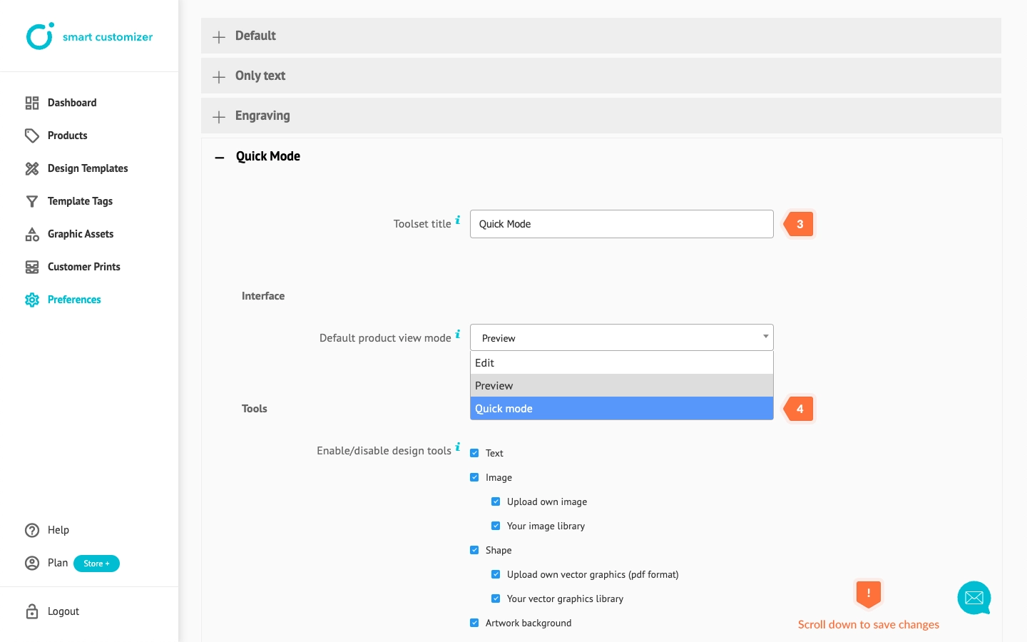 Editing toolset and selecting interface mode