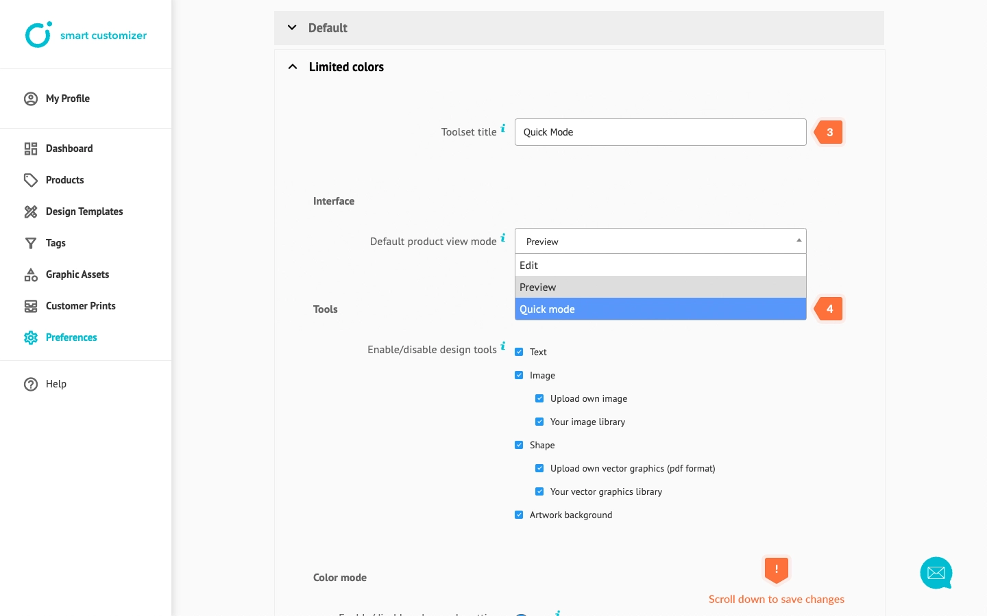 Editing toolset and selecting interface mode