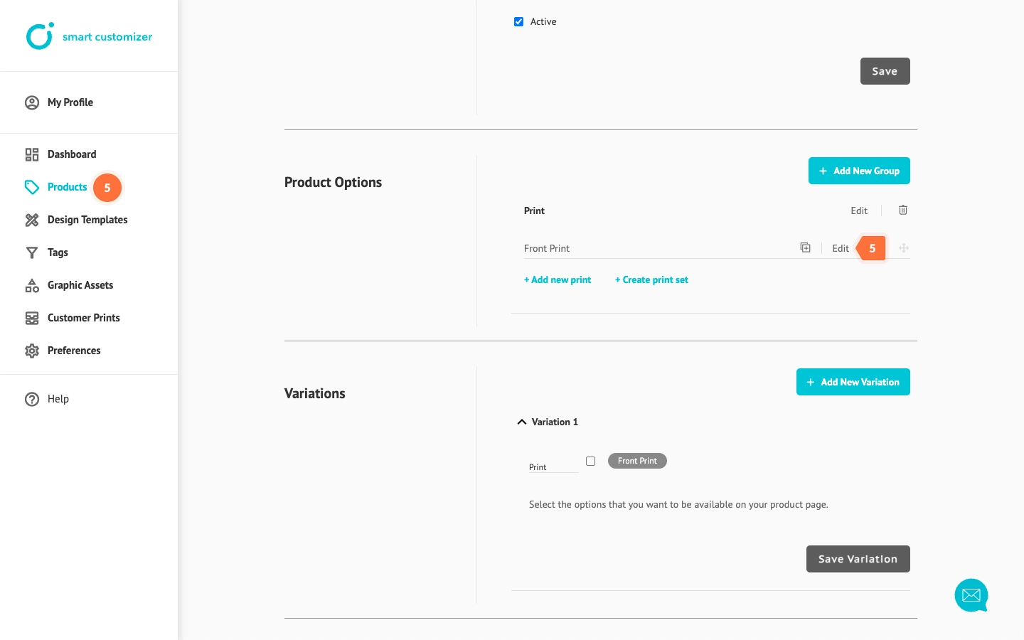 Customizable product print area settings