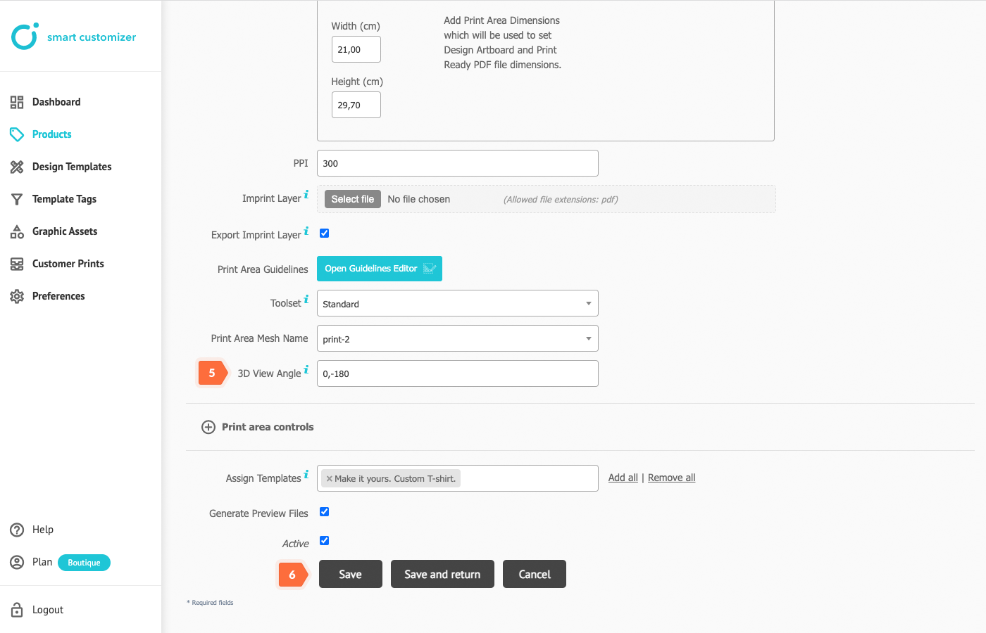 Multiple print area setup in customizer