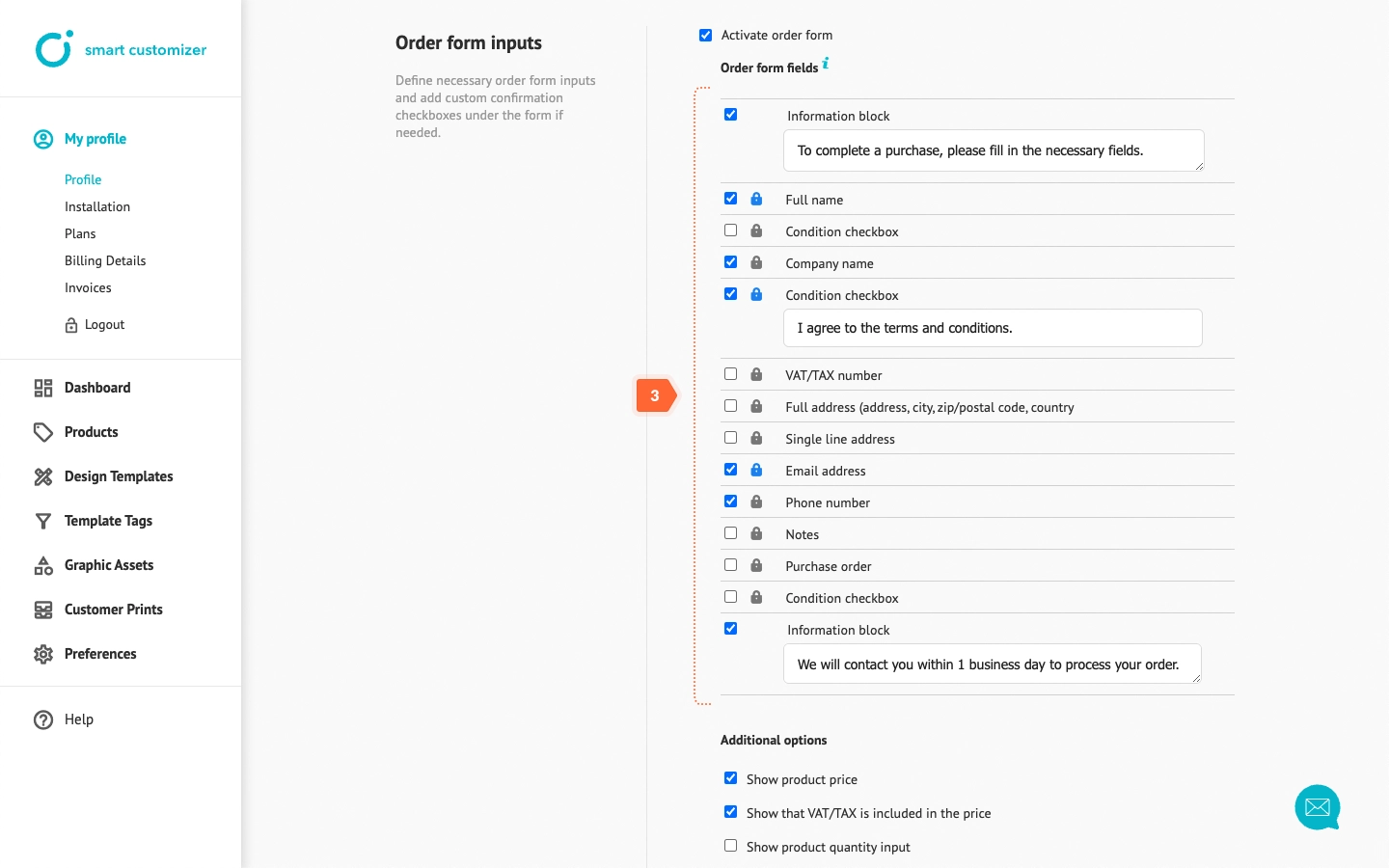 Choose all necessary order form fields